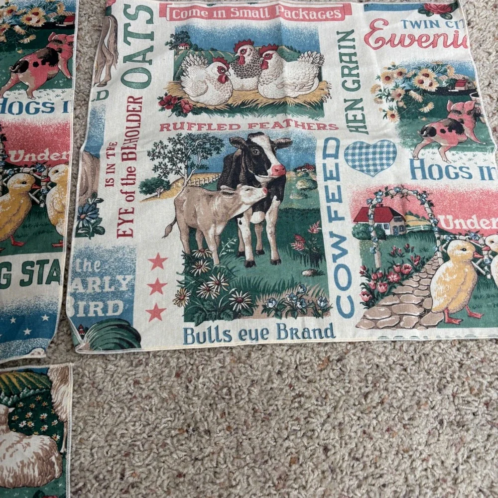 Set‎ of 3 Vintage Style Farmhouse Cloth Napkins Feed Sack Cottage Country Cows